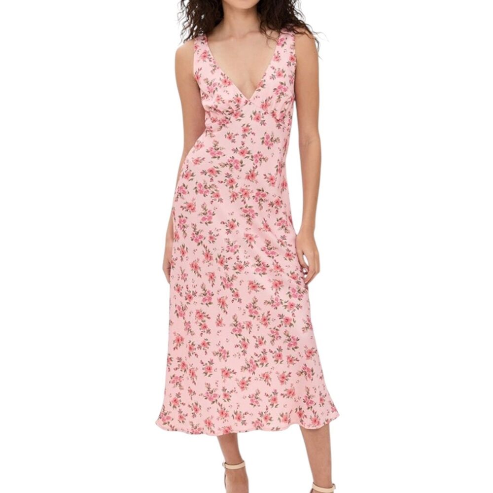 Resa Charlie Satin Maxi Slip Dress Floral Pink Double V Neck Sleeveless XS
